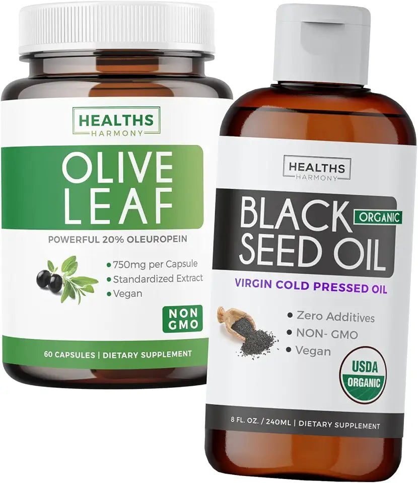 Black Seed Oil Liquid & Olive Leaf Extract 8 fl oz 60 Capsule P7110