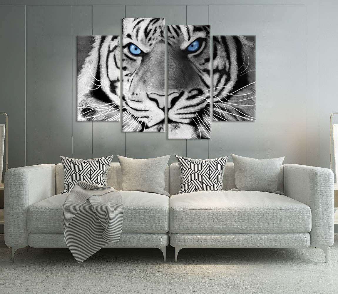4 Panel Black And White Tiger Canvas Wall Art Stretched And Framed K7140