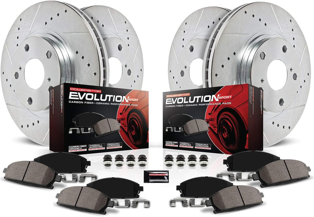 Front and Rear Carbon Fiber Brake Pads with Drilled & Slotted Brake Rotors Kit I33082