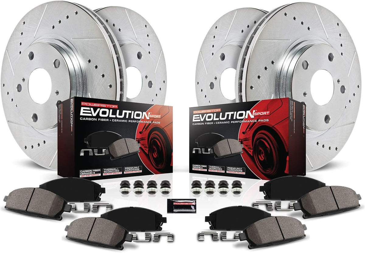 Front and Rear Carbon Fiber Brake Pads with Drilled & Slotted Brake Rotors Kit I33082