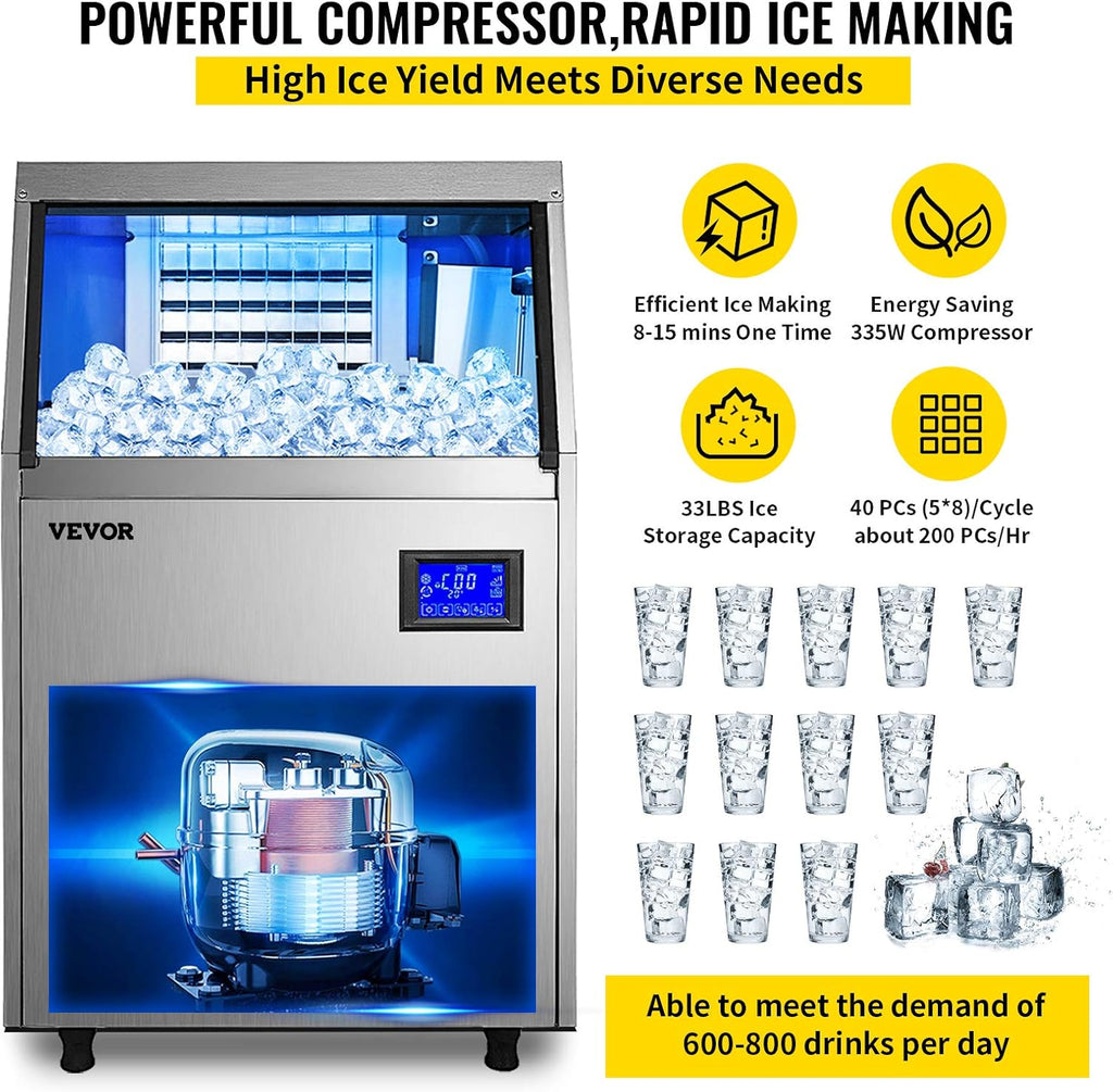 110V Commercial Ice Maker with 33LBS Bin and Electric Water Drain Pump N509