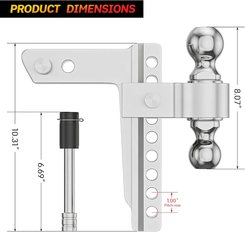 Adjustable Trailer Hitch Ball Mount, 2.5-Inch Receiver, 8-Inch Drop, 8-Inch Rise, Dual Towing Balls with Double Pin Key Locks H10246