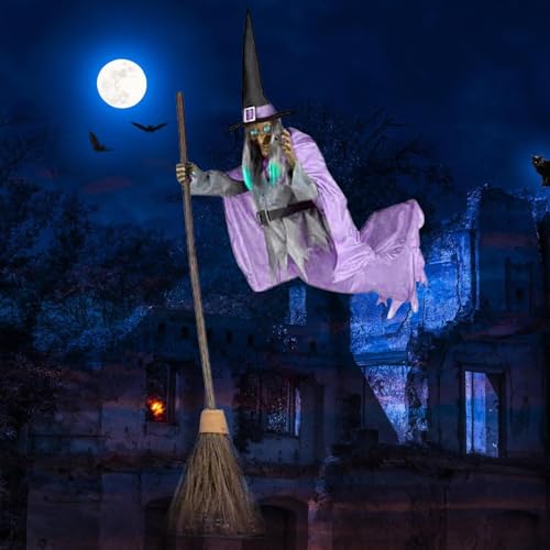 6FT Animated Flying Witch Halloween Decor with Scary Sounds and Lights X288