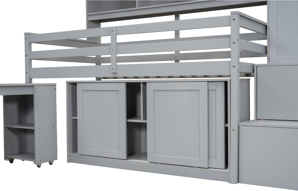 Gray Twin Size Loft Bed with Removable Desk Storage Stairs Wardrobe Eight Top Shelves Two Sliding Door Cabinets E478276