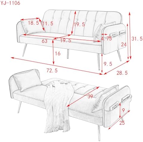Black Linen Fabric Convertible Futon Sofa Bed with Adjustable Backrest and Metal Legs G732