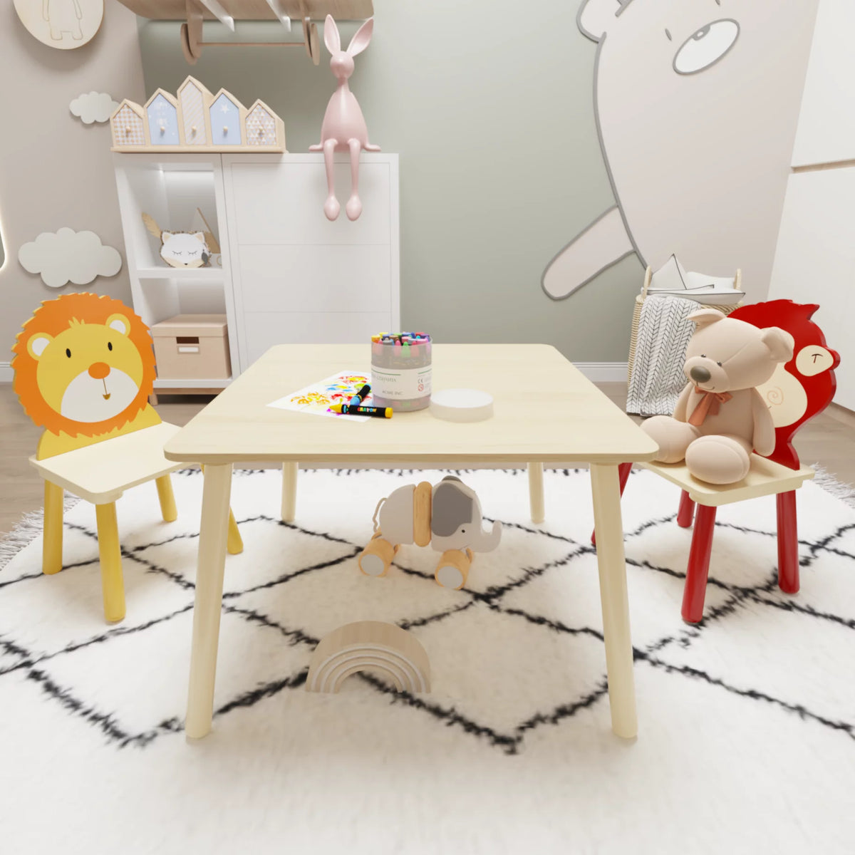 Kids Table and 2 Chairs Set 3-Piece Toddler Wooden Activity Play Table Set D675440