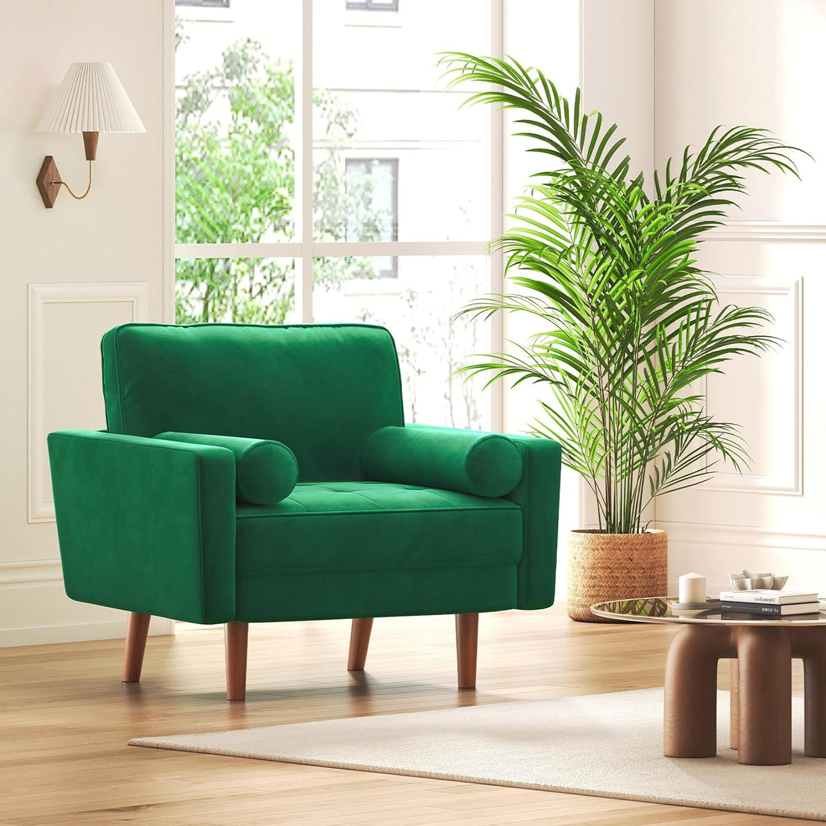 Green Velvet Button Tufted Accent Chair with 2 Pillows K65544