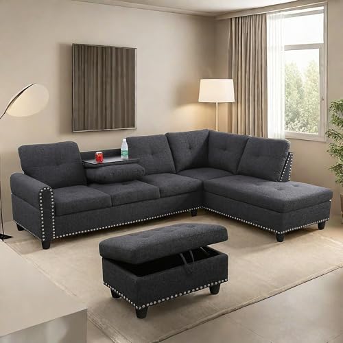 L Shaped Modular Sectional Sofa with Ottoman Storage, Gray Z818904