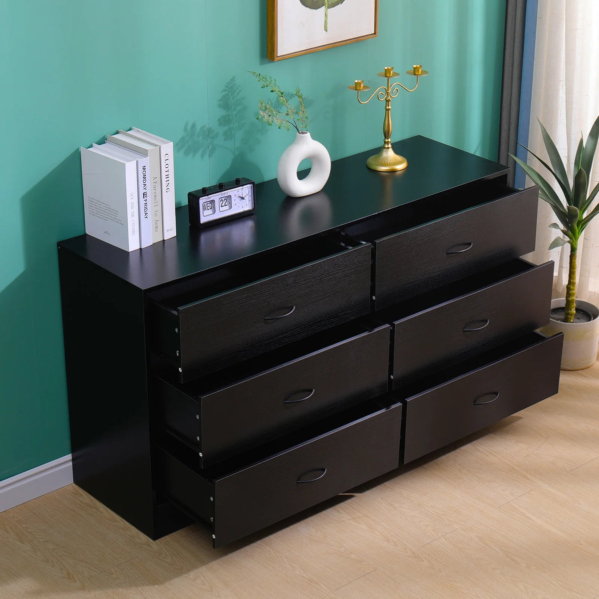 Black 6 Drawer Wood Dresser P40238