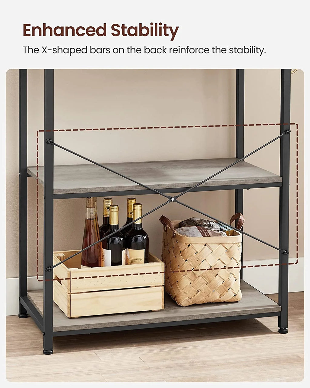 6-Tier Greige and Black Kitchen Shelves with 6 Hooks B49586