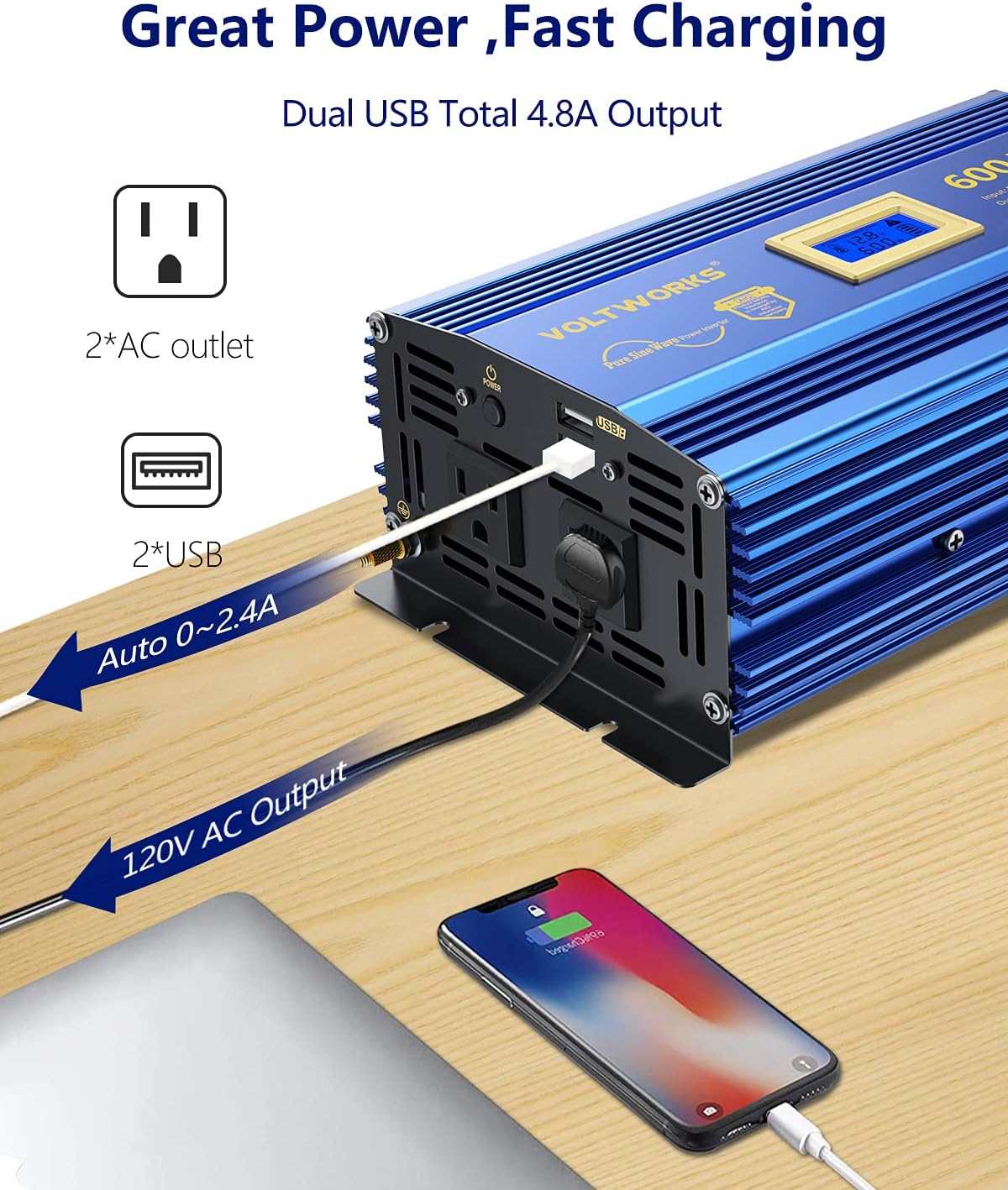 600 Watts Pure Sine Wave Power Inverter DC 12V to AC 110V 120V with USB Port & LCD Display G7590