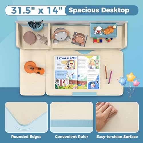 Pink Kids Desk with 7-Level Tiltable Desktop, Height Adjustable Table with Bookshelf, Pull-Out Drawer & Pen Holder E744885