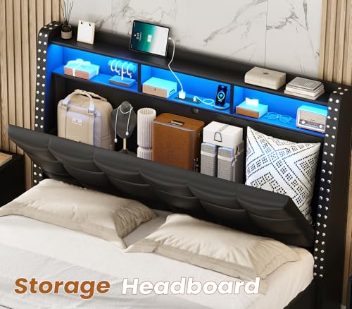 Gray Queen Bed Frame with Storage Headboard and 4 Drawers Z124