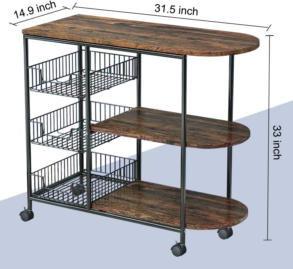 3-Tier Kitchen Island Cart with 3 Metal Baskets, 4 Wheels T6292