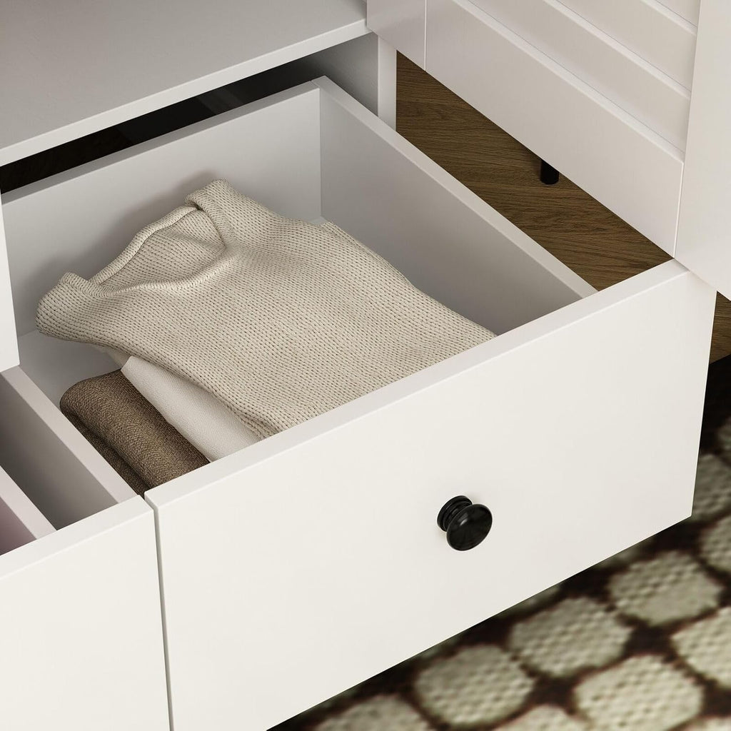 Rustic White Slat Door Wardrobe with 5 Drawers and 4 Doors Q788239