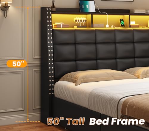 Gray Queen Bed Frame with Storage Headboard and 4 Drawers Z124