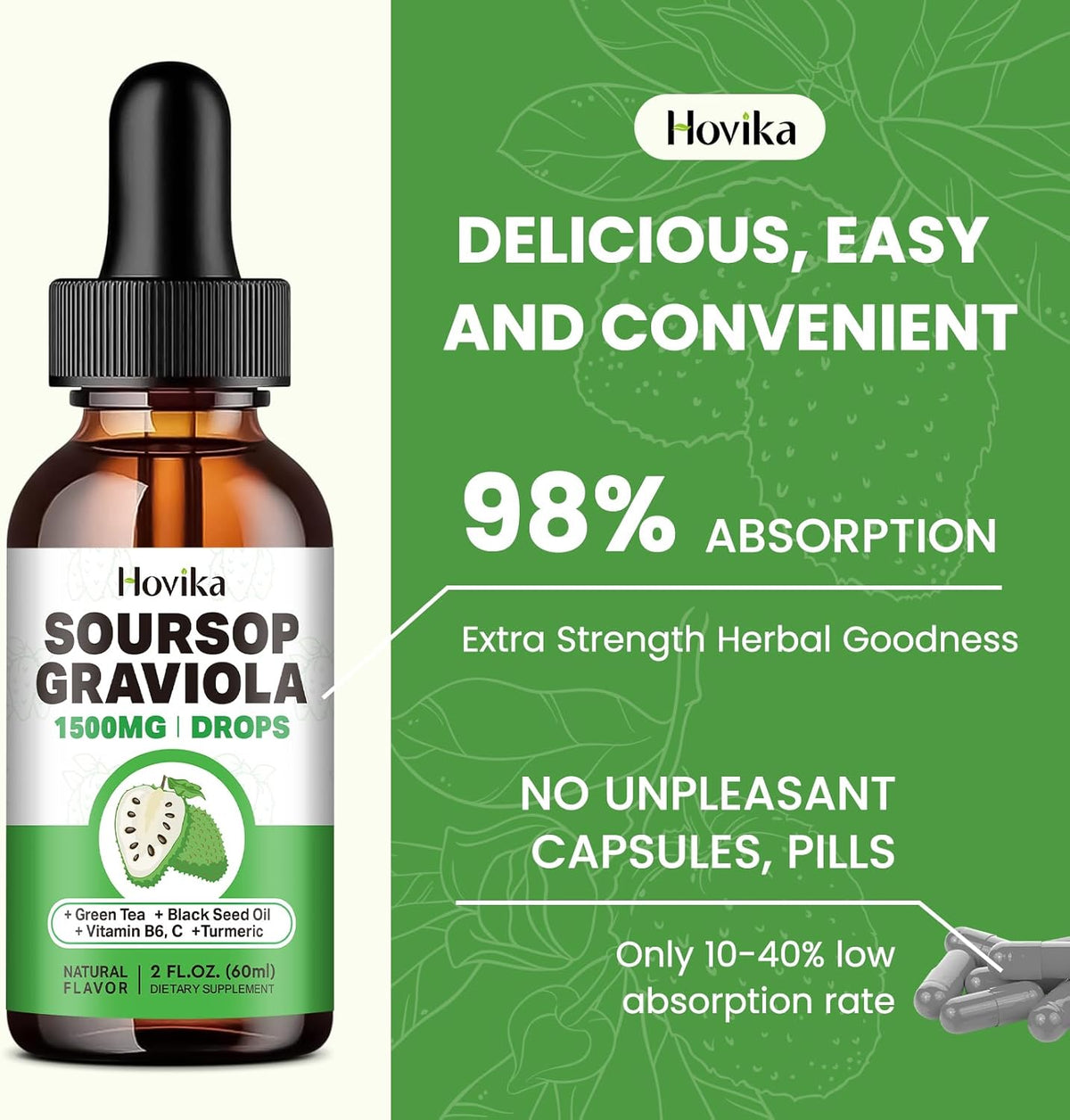 Soursop Graviola Liquid Drops 1500mg with Green Tea, Black Seed Oil, Turmeric, Natural-B Flavor 2 Fl Oz J460