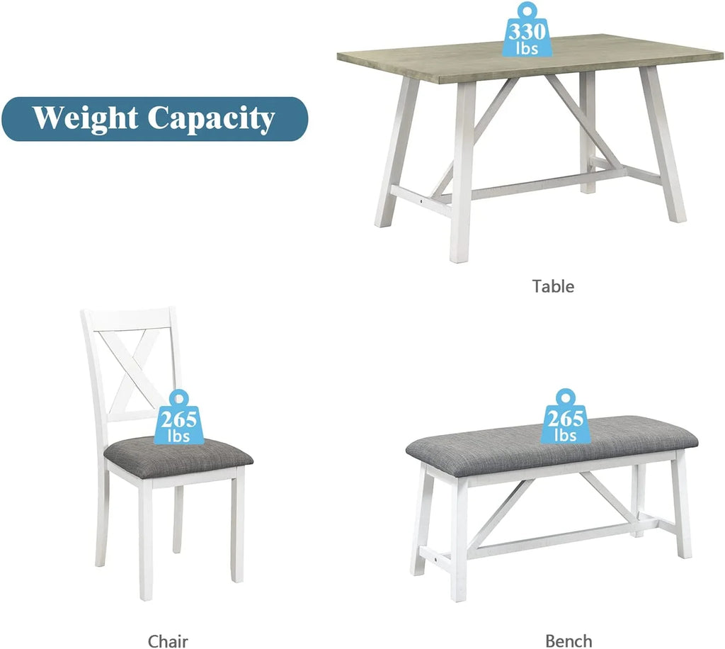 6 Piece White Gray Wood Dining Table Set with Bench and 4 Chairs M47923