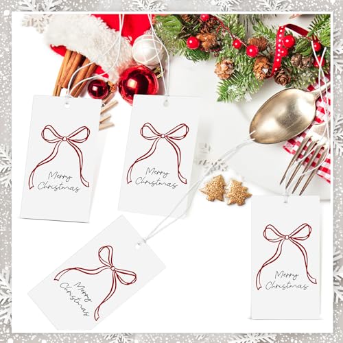 100 Pcs Red Bow Christmas Tags with String Q331531