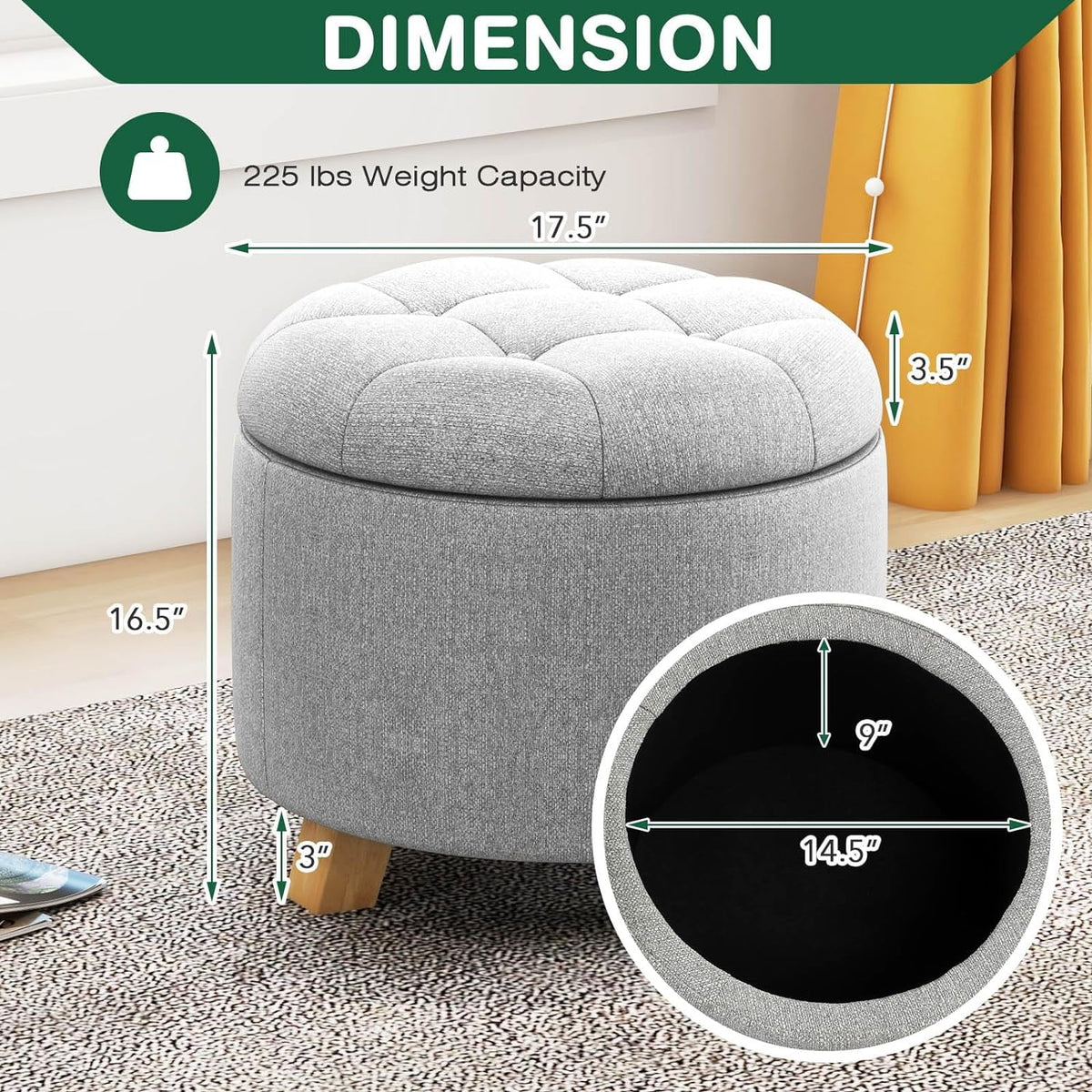 Round Fabric Upholstered Ottoman with Solid Wood Legs C96592