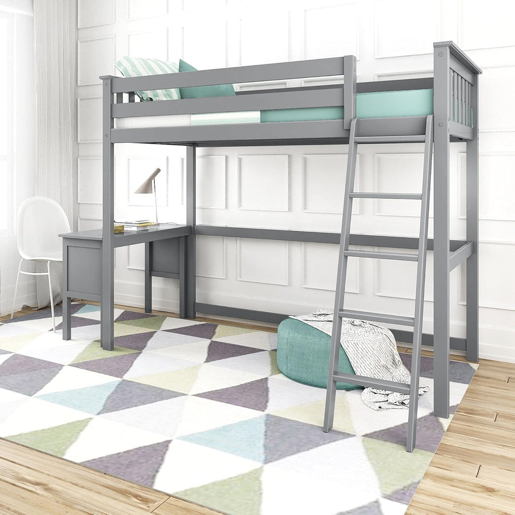 White Twin High Loft Bed with Bookcase and Desk Y64685