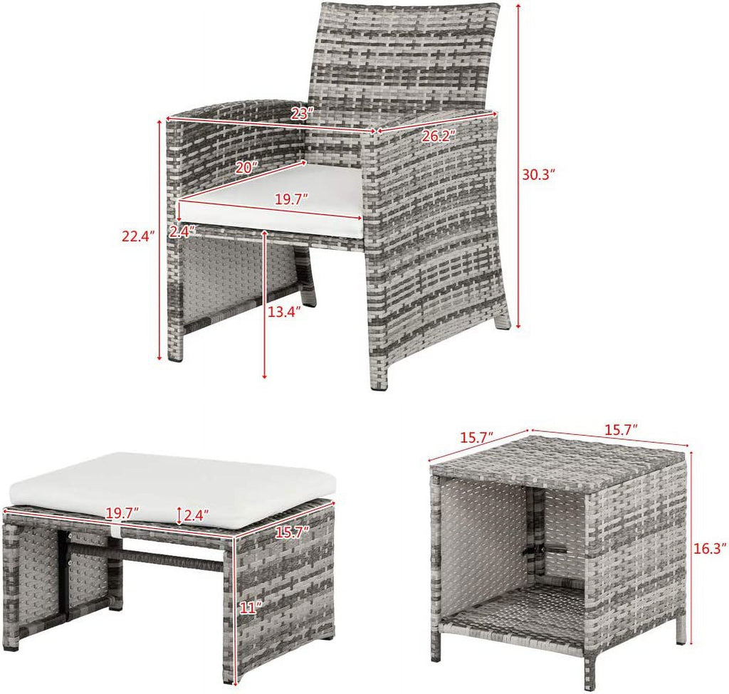 5 Pcs Wicker Rattan Cushioned Patio Sofa Set with Ottoman & Table I6587