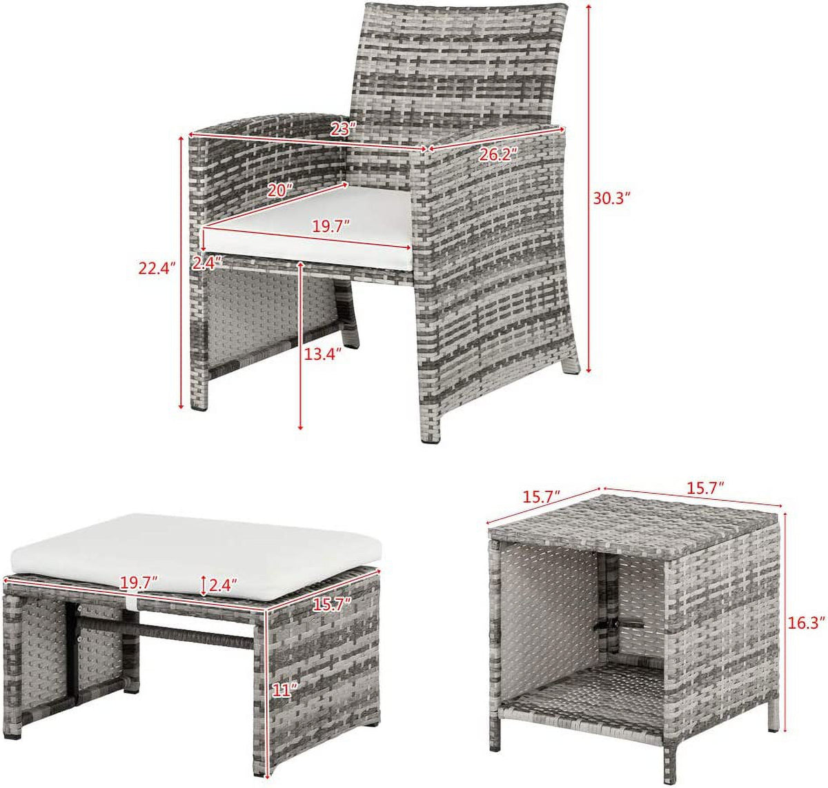 5 Pcs Wicker Rattan Cushioned Patio Sofa Set with Ottoman & Table I6587