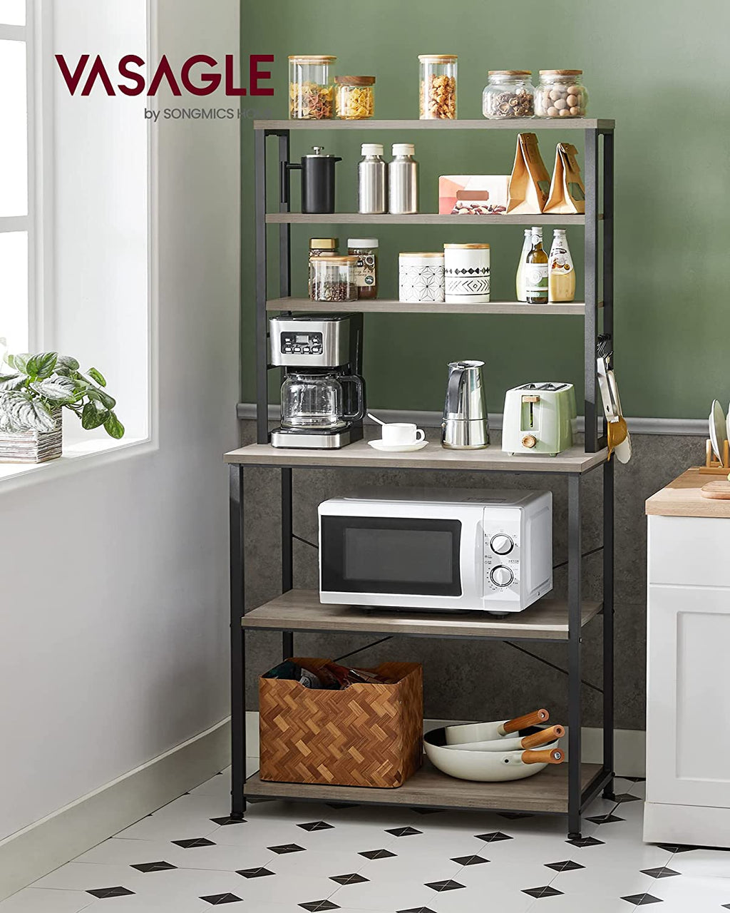 6-Tier Greige and Black Kitchen Shelves with 6 Hooks B49586