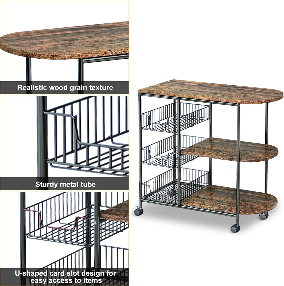 3-Tier Kitchen Island Cart with 3 Metal Baskets, 4 Wheels T6292