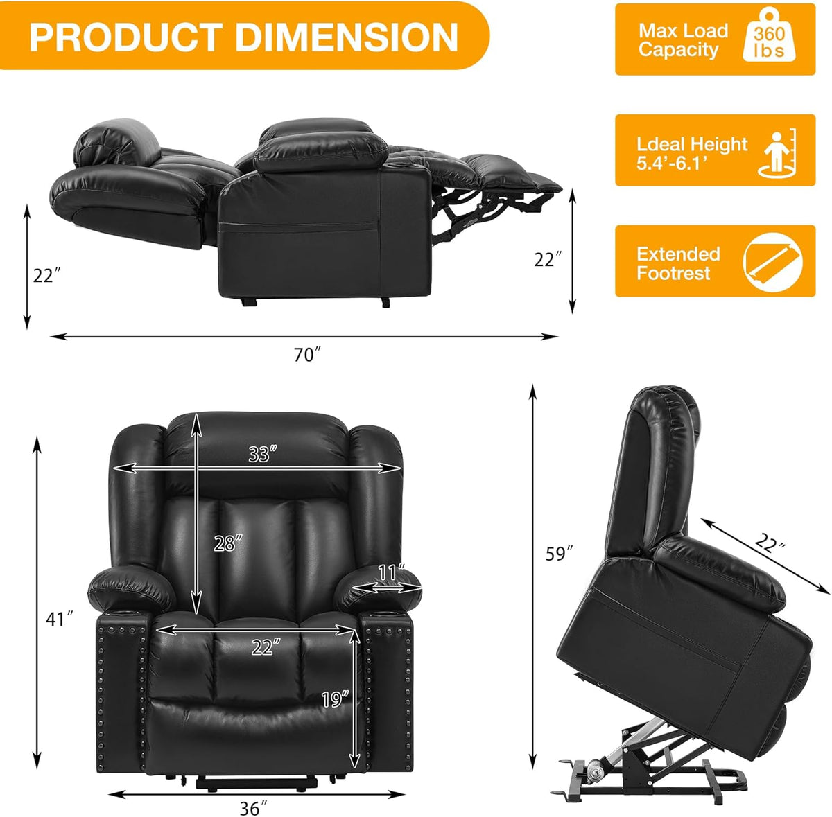 Black Large Power Lift Recliner Chair with Heat and Massage O68638