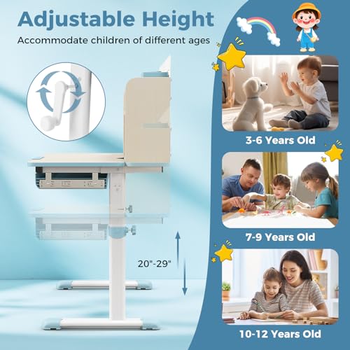 Pink Kids Desk with 7-Level Tiltable Desktop, Height Adjustable Table with Bookshelf, Pull-Out Drawer & Pen Holder E744885
