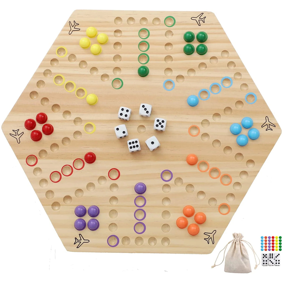 Double Sided Painted Wooden Fast Track Board Game for 6 and 4 Players 6 Colors 24 Marbles 6 Dice (Oak) J82652