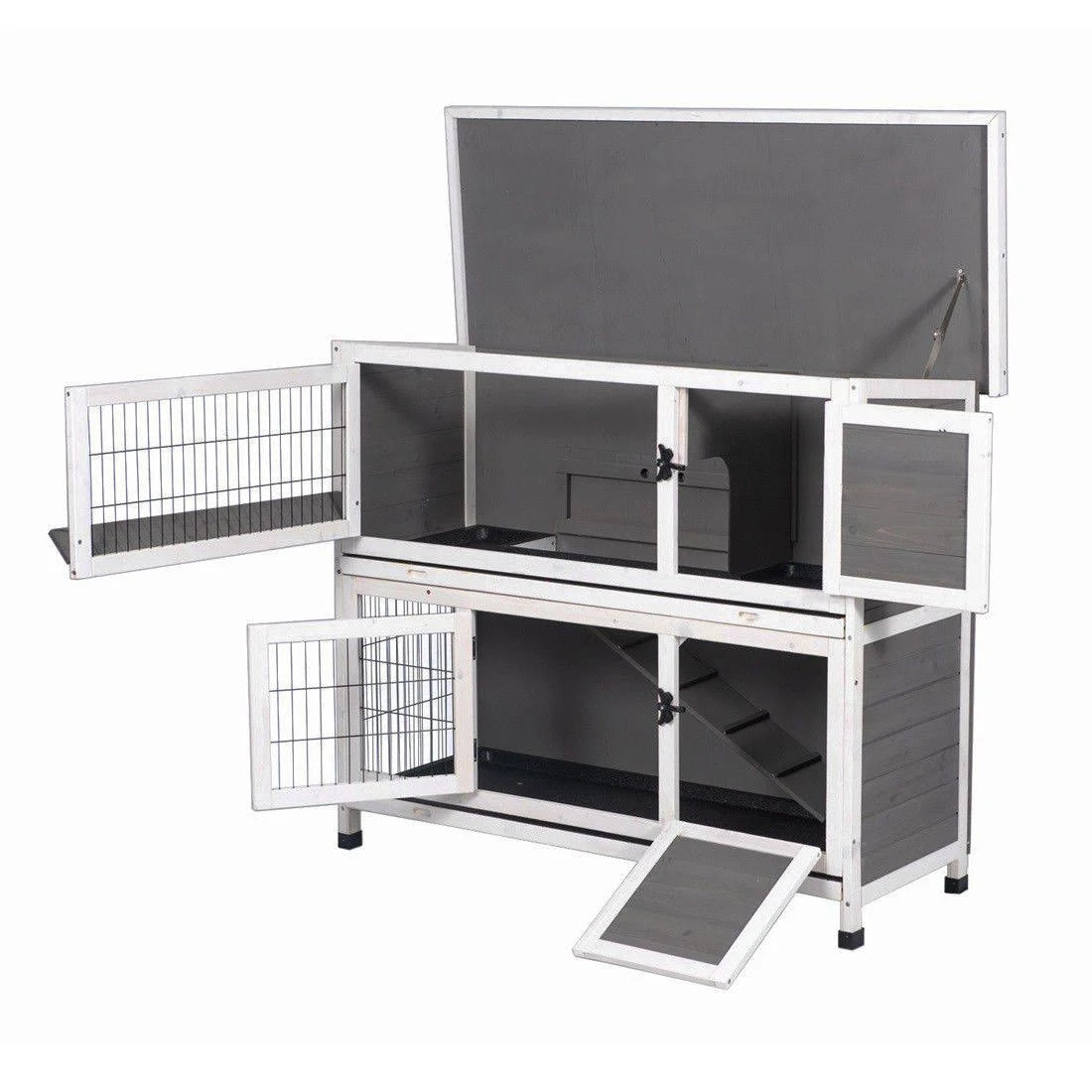 Two Floors Wooden Bunny Hutch Rabbit Cage with Feeding Trough F2651