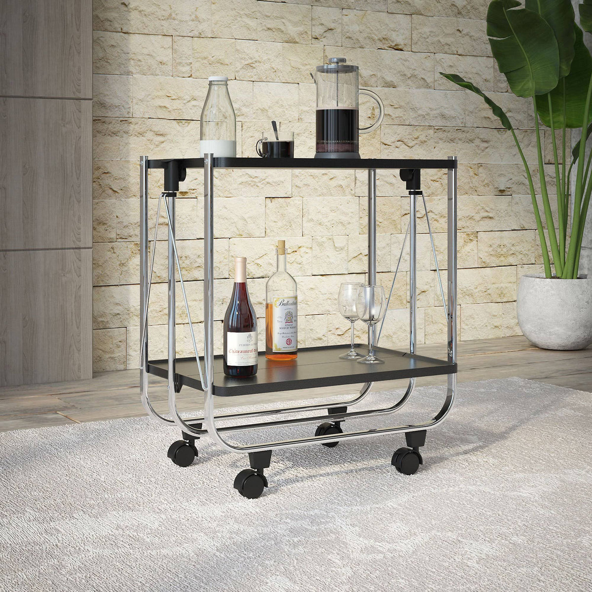 2-Tier Folding Bar Cart Black/Chrome C88462