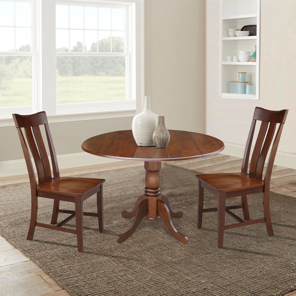 Solid Wood 3-Piece Dining Set with Dual Drop Leaf Table and 2 Splat Back Chairs J7859
