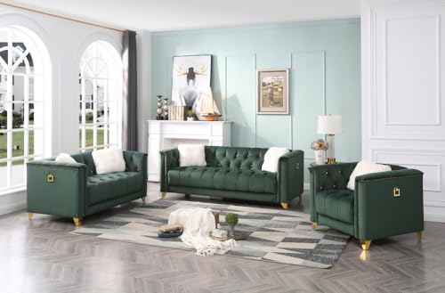 Green Deep Button Tufted Upholstered Sofa with Gold Legs K7069