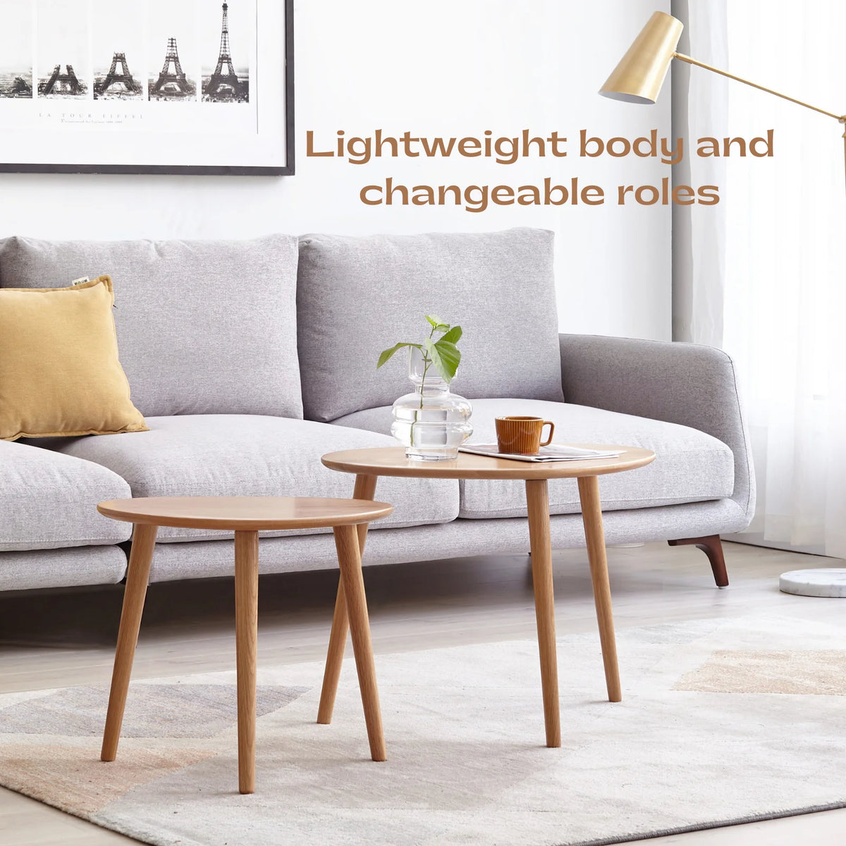 Solid Oak Wood Coffee Table with Pebble Shape, Natural Walnut, 25.6''×17.5''×19.7'' V53309