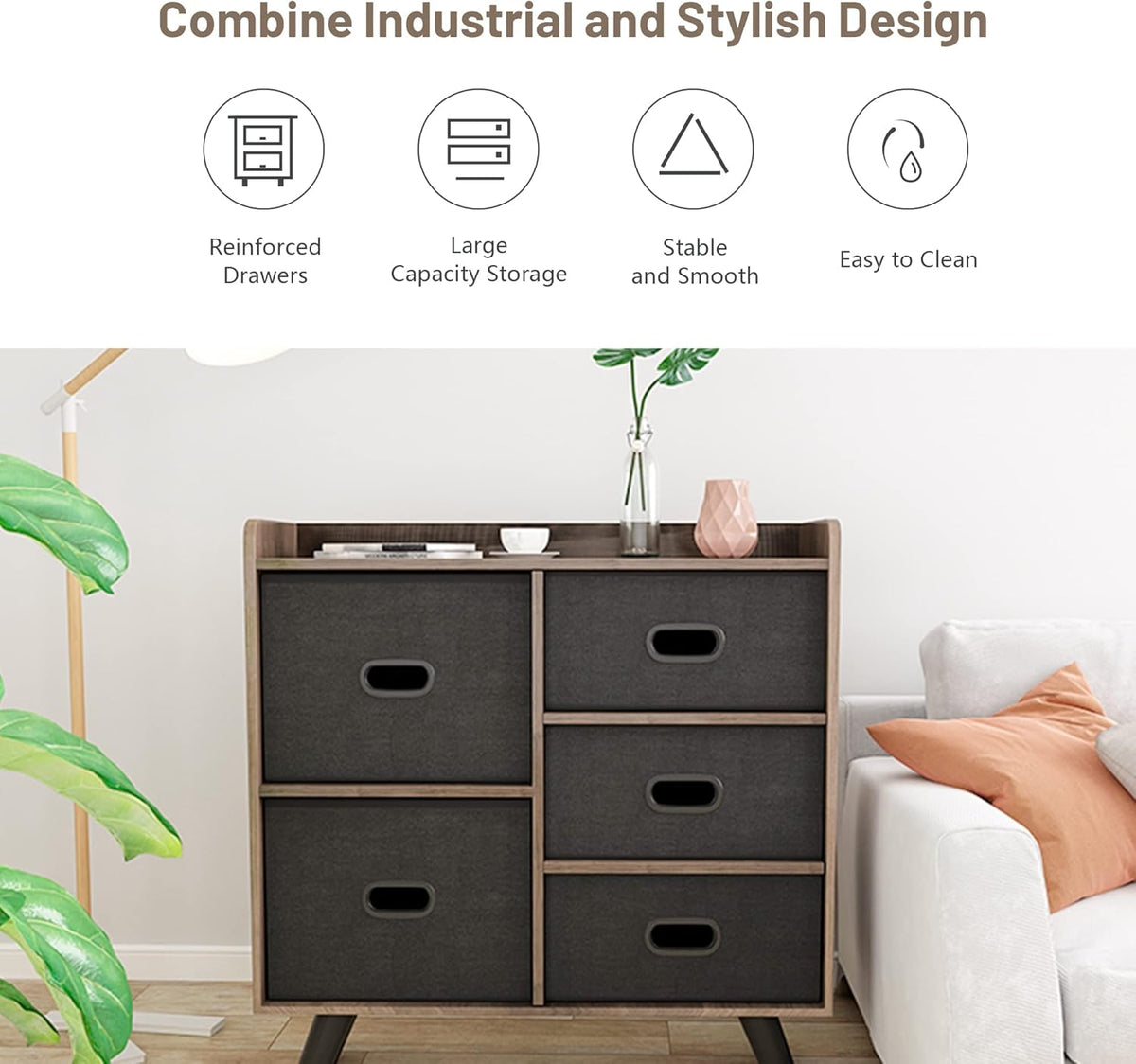 5 Drawers Wood Frame Storage Dresser with Removable Fabric Drawers Q723413