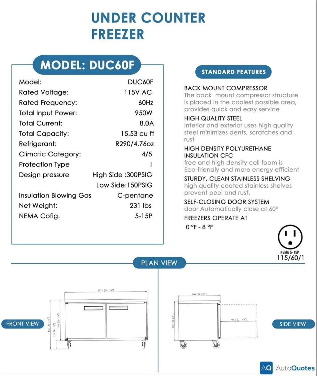 2-Door Stainless Steel Undercounter Commercial Freezer D5213