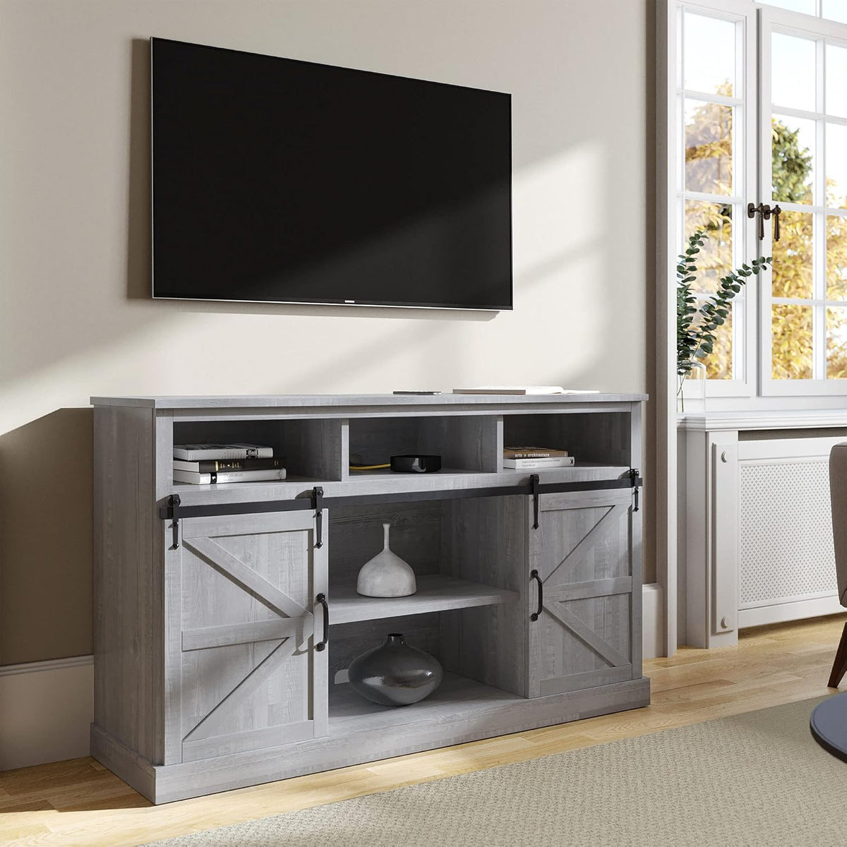 Stone Grey TV Stand with Sliding Barn Door and Storage Cabinets T99637