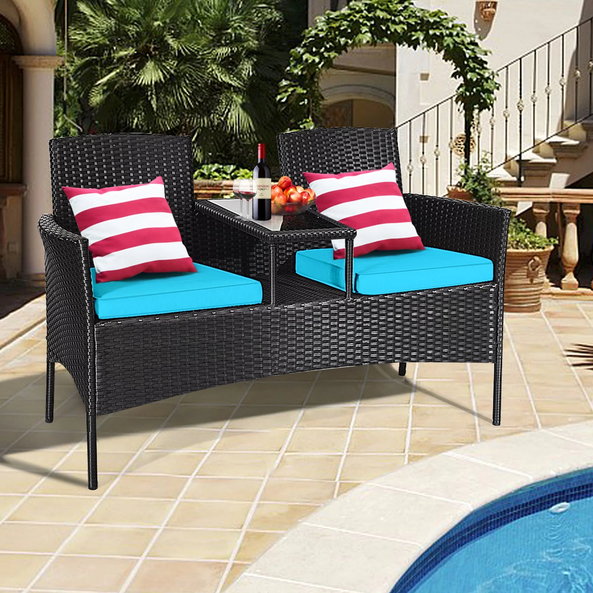 Rattan Wicker Patio Conversation Set with Table Turquoise Cushion M827