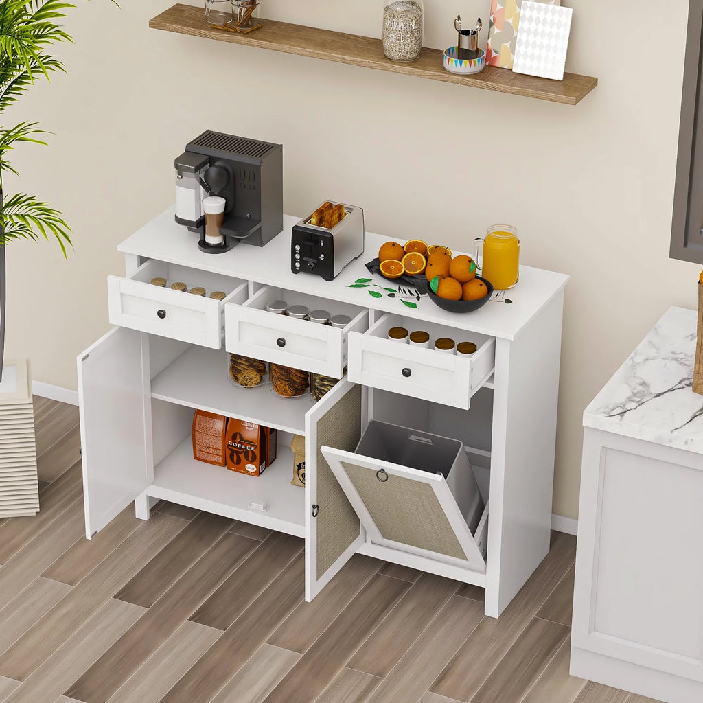 White Rattan Sideboard Buffet Cabinet with 3 Doors and 3 Drawer S494
