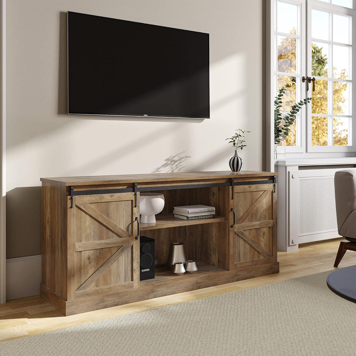 Stone Grey TV Stand with Sliding Barn Door and Storage Cabinets T99637