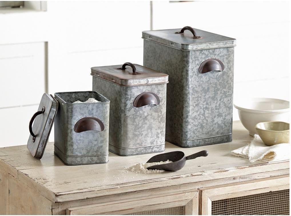 Galvanized Tin Kitchen Canisters Set of 3 D367