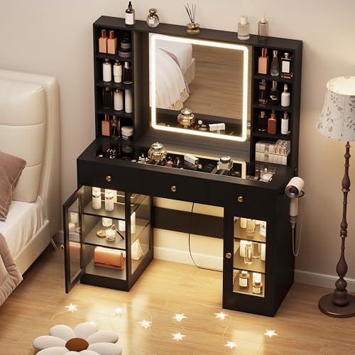 White Vanity Desk with Lighted Mirror and Glass Top N59081