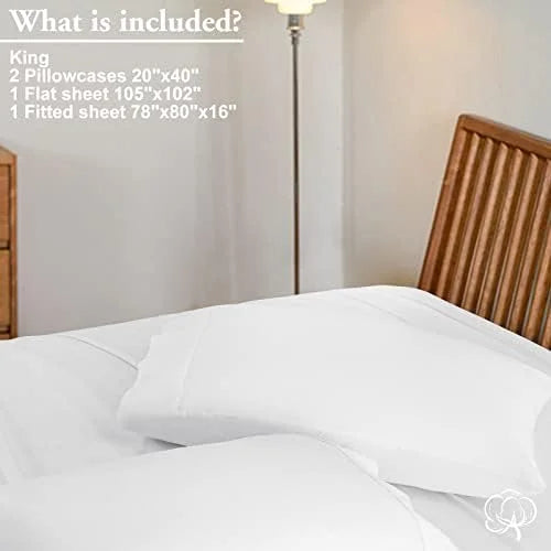 King Size 4 Piece Cotton Sheets Set, White G752