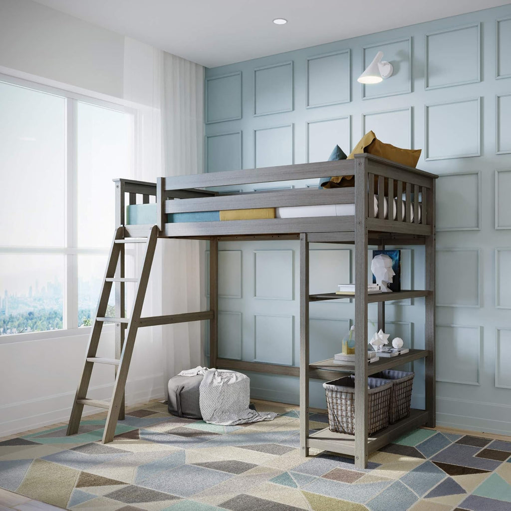 White Twin High Loft Bed with Bookcase and Desk Y64685