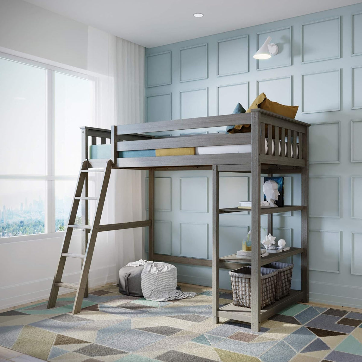 White Twin High Loft Bed with Bookcase and Desk Y64685