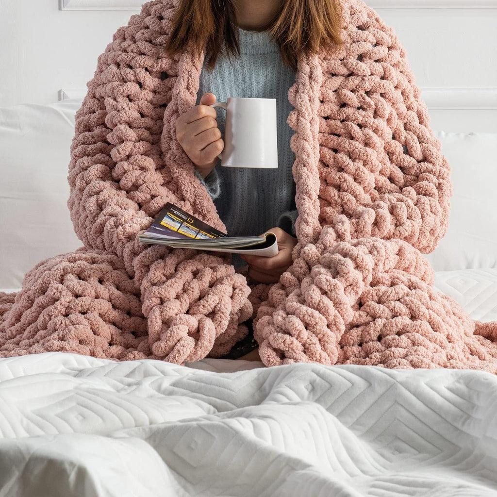 Blush Pink Chunky Knit Chenille Throw Blanket U8905