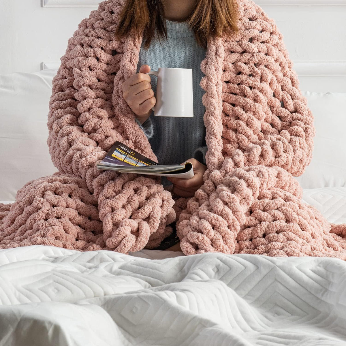 Blush Pink Chunky Knit Chenille Throw Blanket U8905
